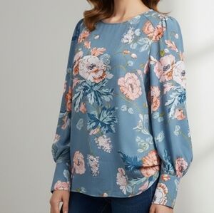 LOFT Floral Puff Sleeve Blouse Size S Blue & Coral Tulip Cuff Romantic Top
